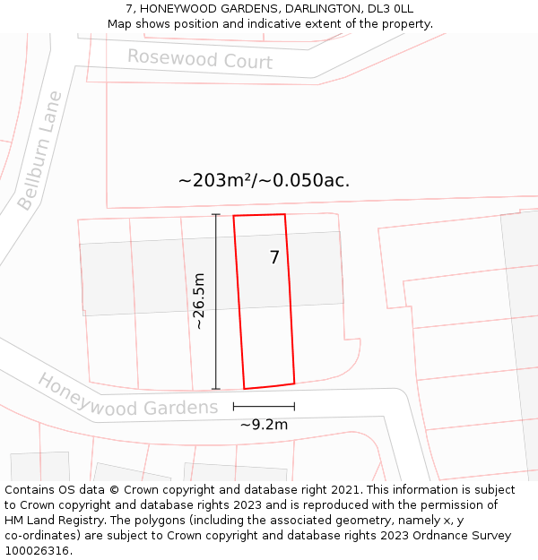 7, HONEYWOOD GARDENS, DARLINGTON, DL3 0LL: Plot and title map