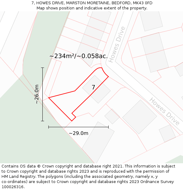 7, HOWES DRIVE, MARSTON MORETAINE, BEDFORD, MK43 0FD: Plot and title map