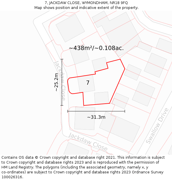 7, JACKDAW CLOSE, WYMONDHAM, NR18 9FQ: Plot and title map