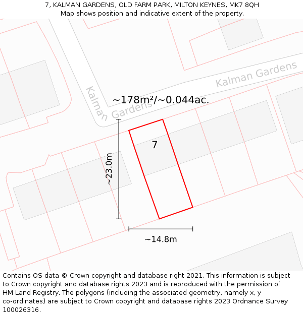 7, KALMAN GARDENS, OLD FARM PARK, MILTON KEYNES, MK7 8QH: Plot and title map