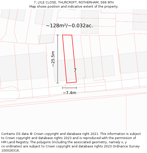 7, LYLE CLOSE, THURCROFT, ROTHERHAM, S66 9FN: Plot and title map