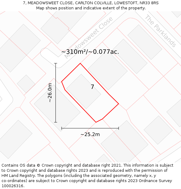 7, MEADOWSWEET CLOSE, CARLTON COLVILLE, LOWESTOFT, NR33 8RS: Plot and title map