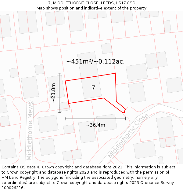 7, MIDDLETHORNE CLOSE, LEEDS, LS17 8SD: Plot and title map