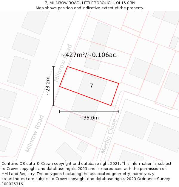 7, MILNROW ROAD, LITTLEBOROUGH, OL15 0BN: Plot and title map