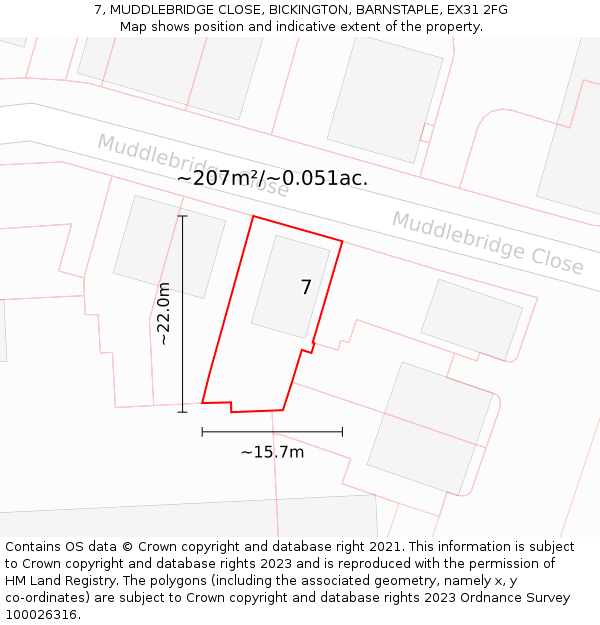 7, MUDDLEBRIDGE CLOSE, BICKINGTON, BARNSTAPLE, EX31 2FG: Plot and title map