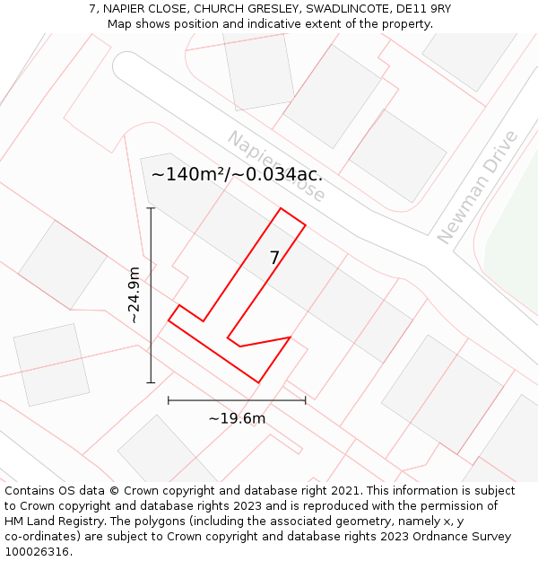 7, NAPIER CLOSE, CHURCH GRESLEY, SWADLINCOTE, DE11 9RY: Plot and title map