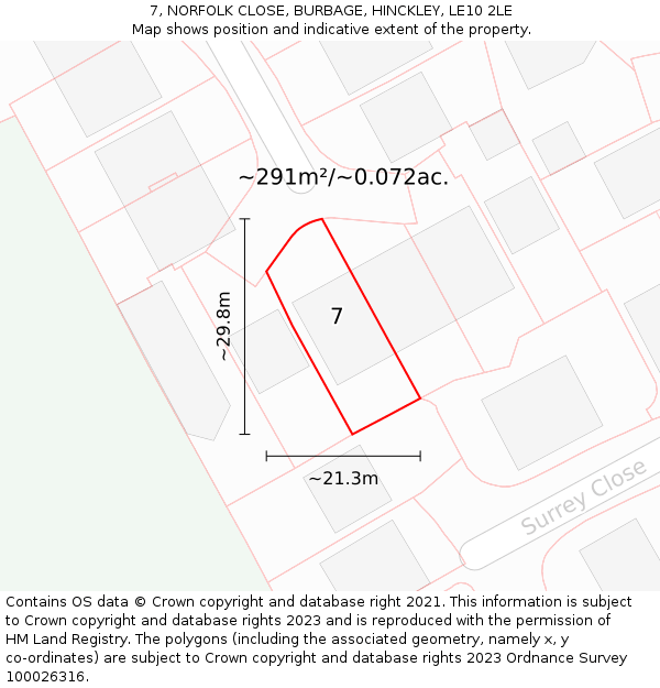 7, NORFOLK CLOSE, BURBAGE, HINCKLEY, LE10 2LE: Plot and title map