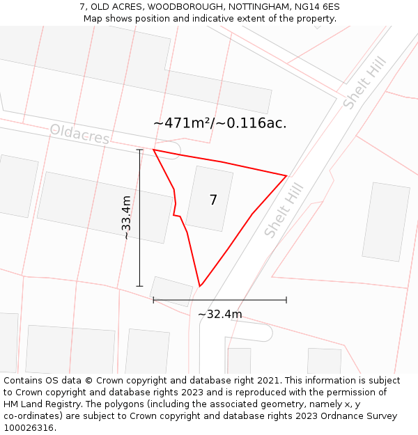 7, OLD ACRES, WOODBOROUGH, NOTTINGHAM, NG14 6ES: Plot and title map