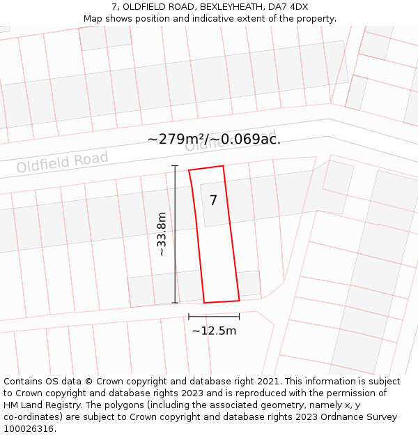 7, OLDFIELD ROAD, BEXLEYHEATH, DA7 4DX: Plot and title map