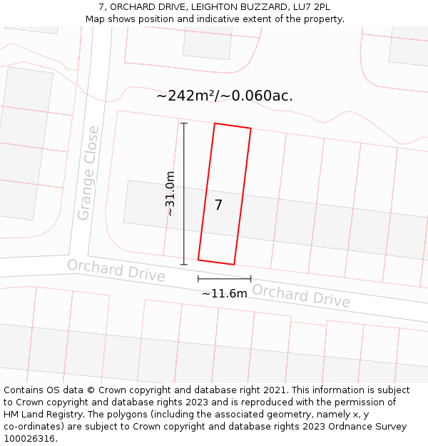 7, ORCHARD DRIVE, LEIGHTON BUZZARD, LU7 2PL: Plot and title map