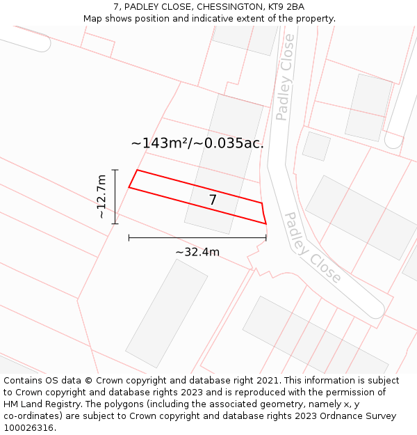 7, PADLEY CLOSE, CHESSINGTON, KT9 2BA: Plot and title map