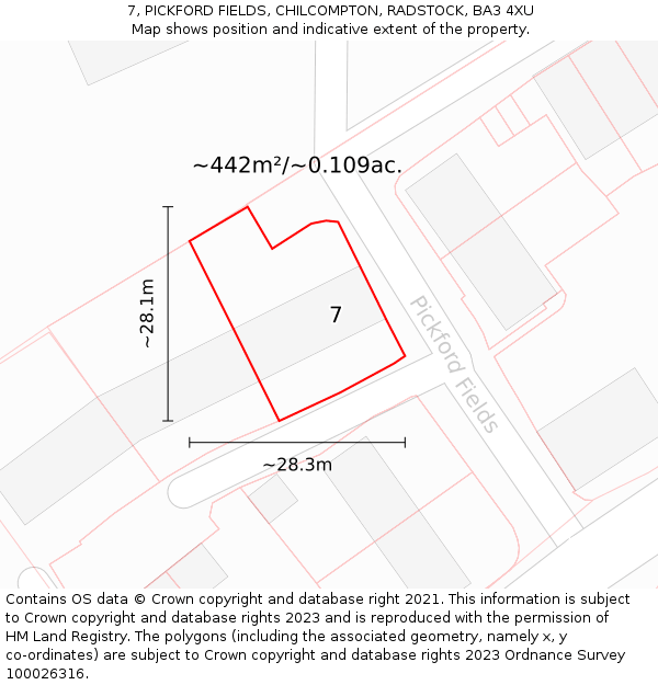 7, PICKFORD FIELDS, CHILCOMPTON, RADSTOCK, BA3 4XU: Plot and title map