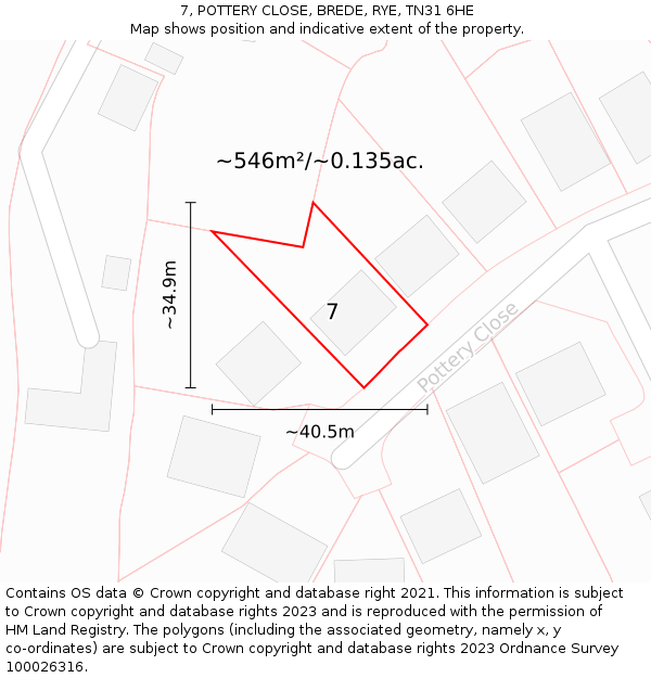 7, POTTERY CLOSE, BREDE, RYE, TN31 6HE: Plot and title map