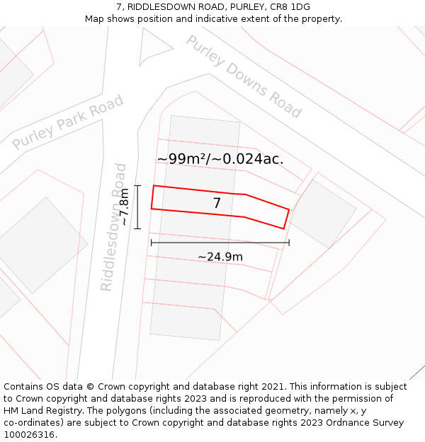 7, RIDDLESDOWN ROAD, PURLEY, CR8 1DG: Plot and title map