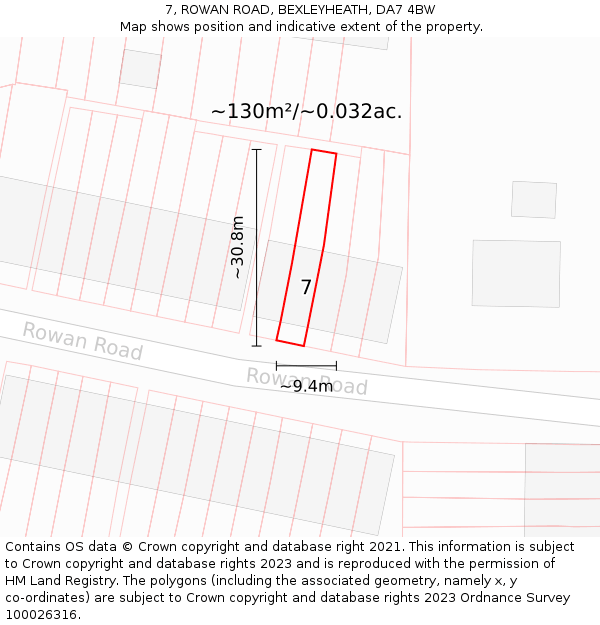 7, ROWAN ROAD, BEXLEYHEATH, DA7 4BW: Plot and title map