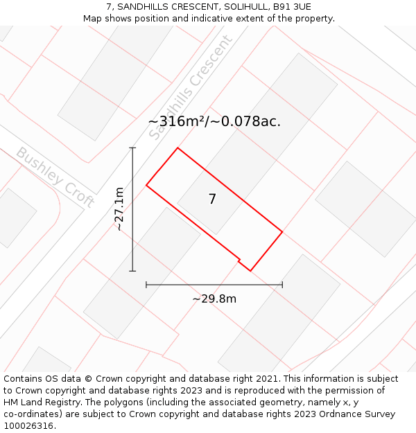 7, SANDHILLS CRESCENT, SOLIHULL, B91 3UE: Plot and title map