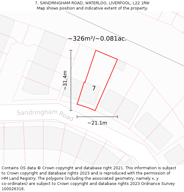 7, SANDRINGHAM ROAD, WATERLOO, LIVERPOOL, L22 1RW: Plot and title map