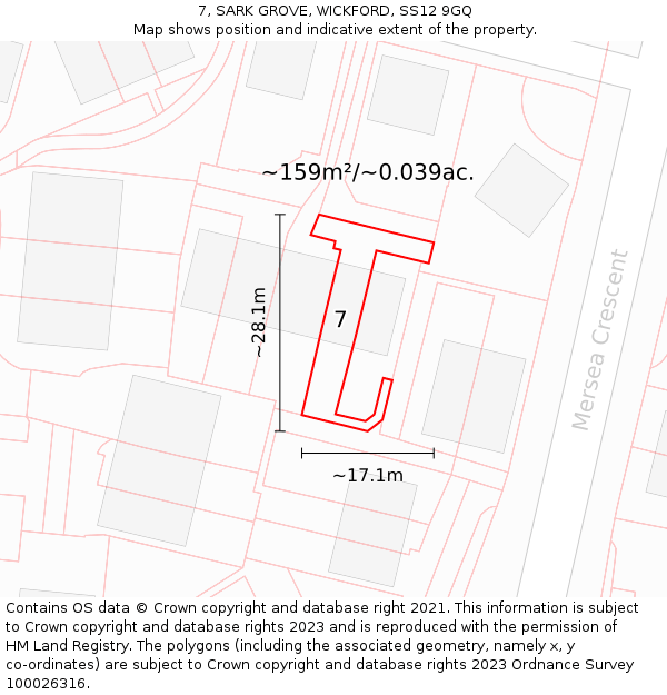 7, SARK GROVE, WICKFORD, SS12 9GQ: Plot and title map