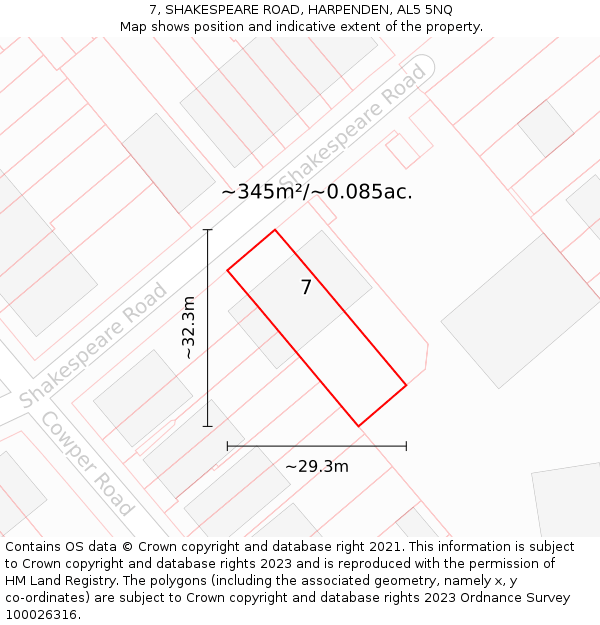 7, SHAKESPEARE ROAD, HARPENDEN, AL5 5NQ: Plot and title map