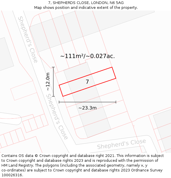 7, SHEPHERDS CLOSE, LONDON, N6 5AG: Plot and title map