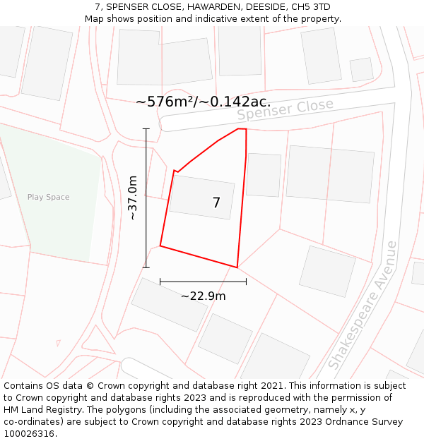 7, SPENSER CLOSE, HAWARDEN, DEESIDE, CH5 3TD: Plot and title map