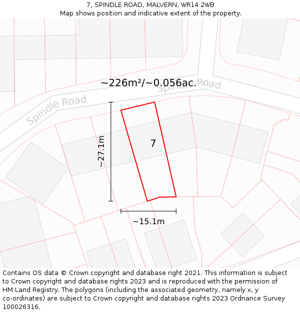 7, SPINDLE ROAD, MALVERN, WR14 2WB: Plot and title map