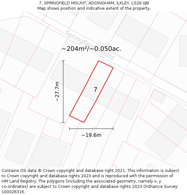 7, SPRINGFIELD MOUNT, ADDINGHAM, ILKLEY, LS29 0JB: Plot and title map
