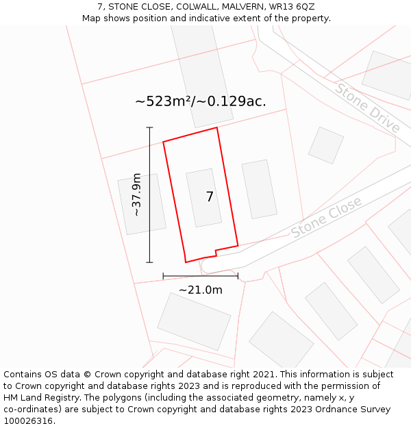 7, STONE CLOSE, COLWALL, MALVERN, WR13 6QZ: Plot and title map