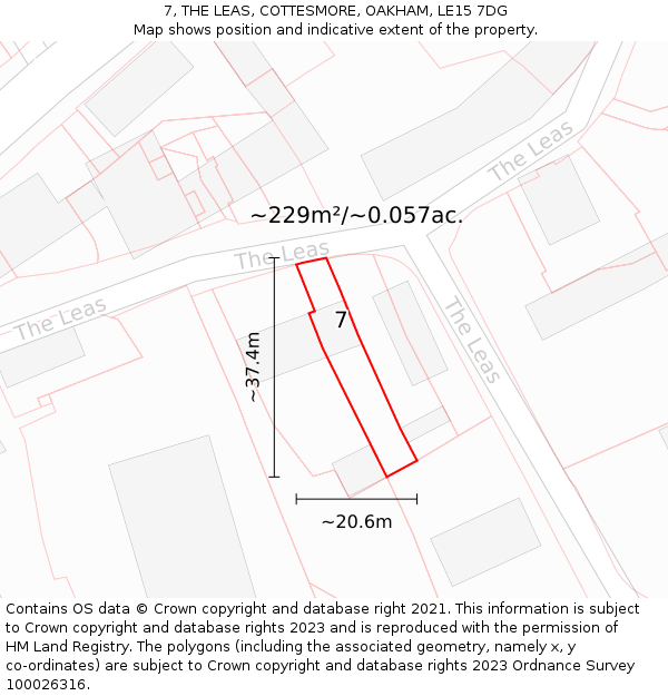 7, THE LEAS, COTTESMORE, OAKHAM, LE15 7DG: Plot and title map