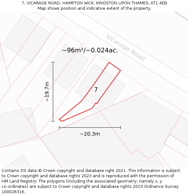 7, VICARAGE ROAD, HAMPTON WICK, KINGSTON UPON THAMES, KT1 4EB: Plot and title map