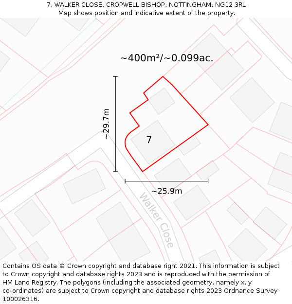 7, WALKER CLOSE, CROPWELL BISHOP, NOTTINGHAM, NG12 3RL: Plot and title map