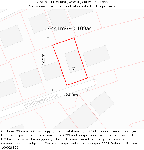 7, WESTFIELDS RISE, WOORE, CREWE, CW3 9SY: Plot and title map