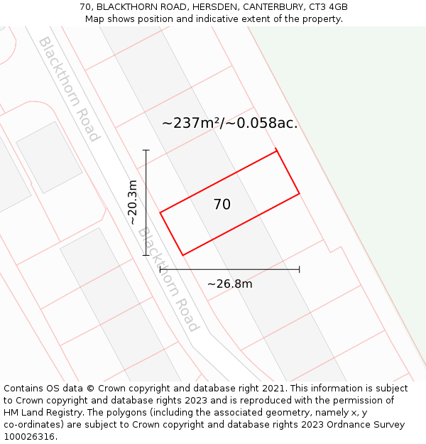 70, BLACKTHORN ROAD, HERSDEN, CANTERBURY, CT3 4GB: Plot and title map