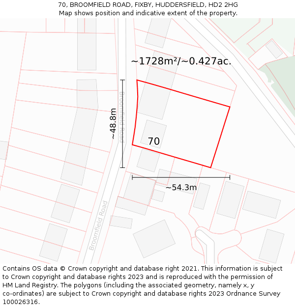 70, BROOMFIELD ROAD, FIXBY, HUDDERSFIELD, HD2 2HG: Plot and title map