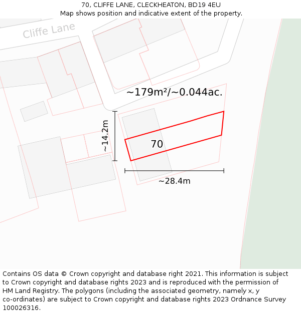 70, CLIFFE LANE, CLECKHEATON, BD19 4EU: Plot and title map