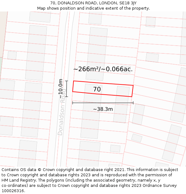 70, DONALDSON ROAD, LONDON, SE18 3JY: Plot and title map