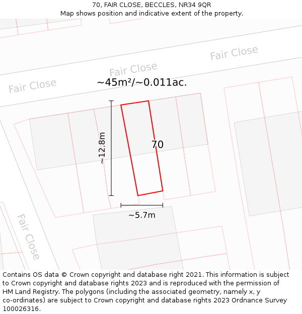 70, FAIR CLOSE, BECCLES, NR34 9QR: Plot and title map