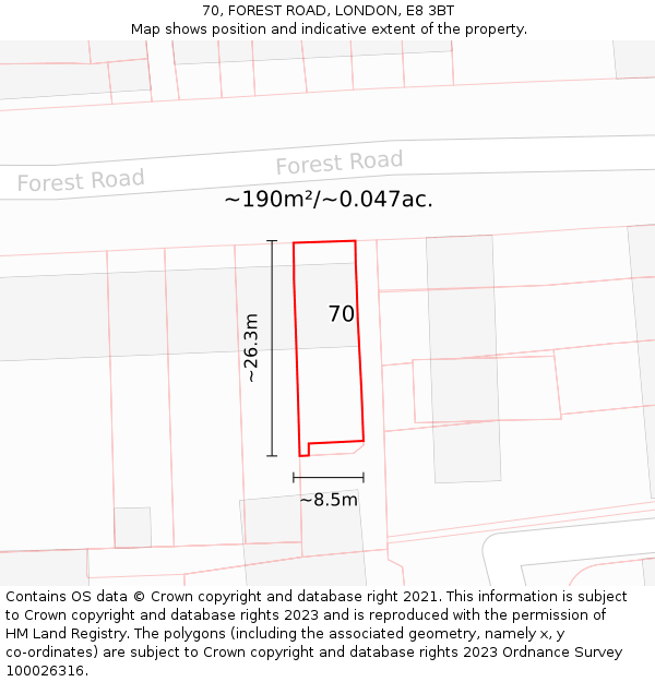 70, FOREST ROAD, LONDON, E8 3BT: Plot and title map