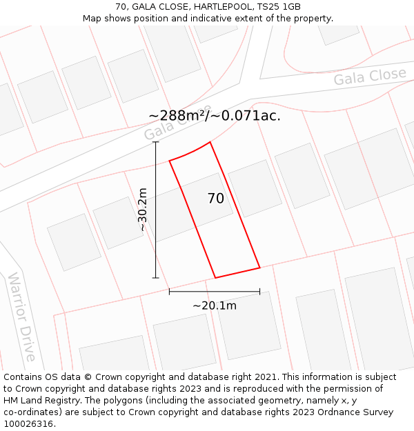 70, GALA CLOSE, HARTLEPOOL, TS25 1GB: Plot and title map