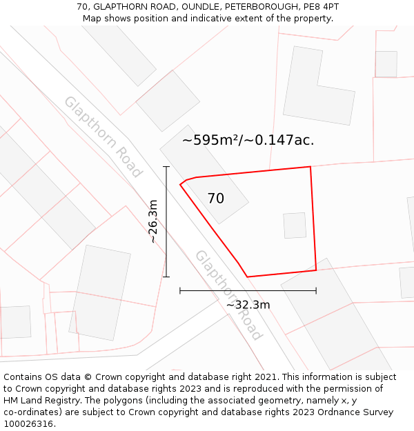70, GLAPTHORN ROAD, OUNDLE, PETERBOROUGH, PE8 4PT: Plot and title map