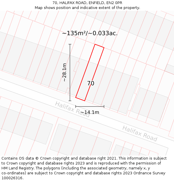 70, HALIFAX ROAD, ENFIELD, EN2 0PR: Plot and title map