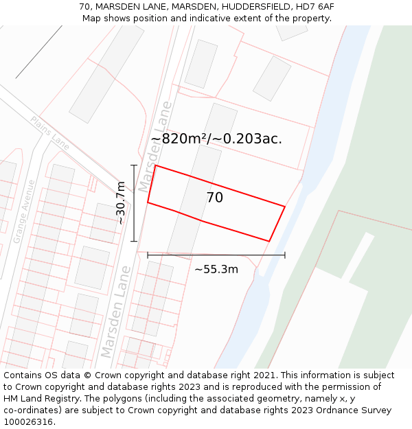 70, MARSDEN LANE, MARSDEN, HUDDERSFIELD, HD7 6AF: Plot and title map