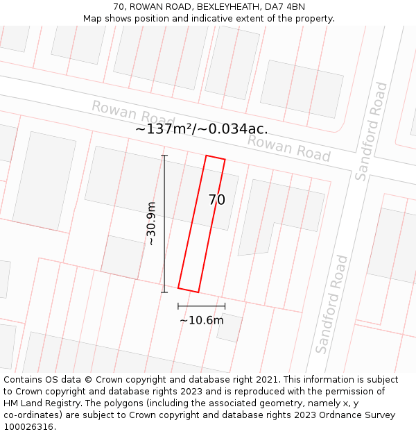 70, ROWAN ROAD, BEXLEYHEATH, DA7 4BN: Plot and title map