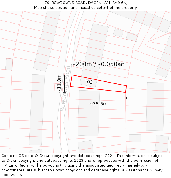 70, ROWDOWNS ROAD, DAGENHAM, RM9 6NJ: Plot and title map