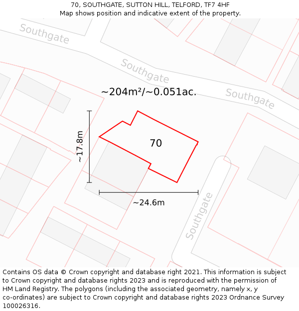 70, SOUTHGATE, SUTTON HILL, TELFORD, TF7 4HF: Plot and title map