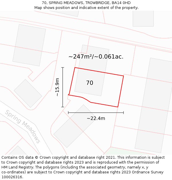70, SPRING MEADOWS, TROWBRIDGE, BA14 0HD: Plot and title map
