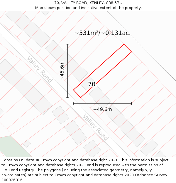 70, VALLEY ROAD, KENLEY, CR8 5BU: Plot and title map