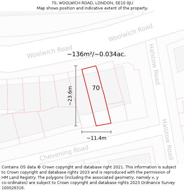 70, WOOLWICH ROAD, LONDON, SE10 0JU: Plot and title map