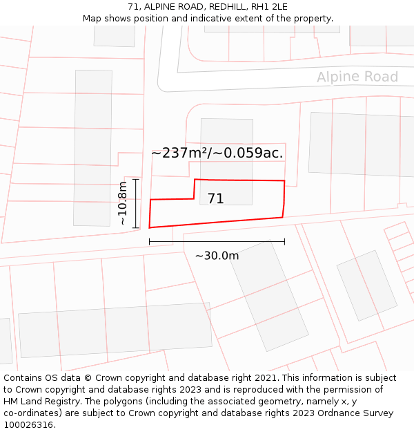 71, ALPINE ROAD, REDHILL, RH1 2LE: Plot and title map