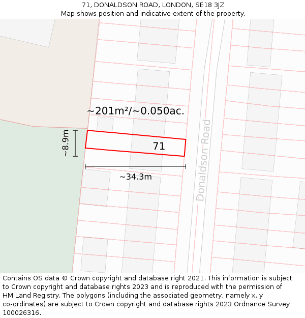 71, DONALDSON ROAD, LONDON, SE18 3JZ: Plot and title map